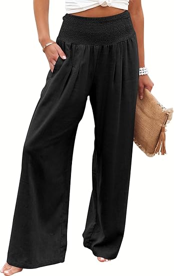 Women Linen Palazzo Pants Summer Boho Wide Leg High Waist Casual Lounge Pant 2026 Beach Travel Vacation Outfits